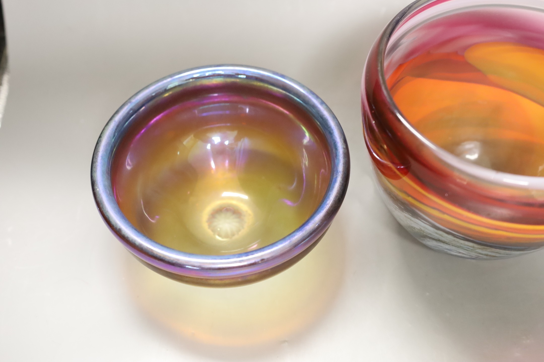 Anthony Stern (1944-2022), ‘seascape’ art glass vase, together with a Patrick Stern (b.1952) abstract art glass vase, together with another art glass vase, all signed, tallest 15cm high